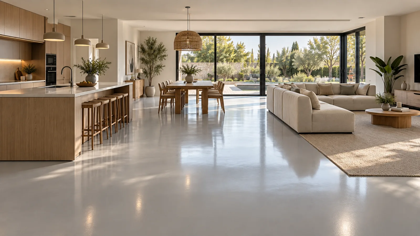 Pièce de vie ouverte avec un sol en résine époxy gris clair continu de la cuisine au salon