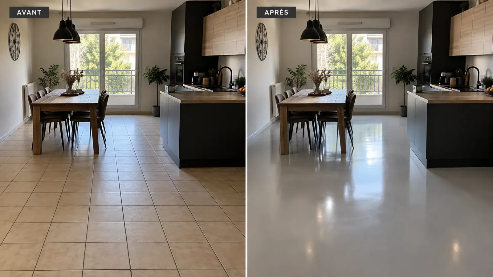 Avant/après d'une cuisine : carrelage beige à joints remplacé par un sol en résine époxy gris clair sans joints